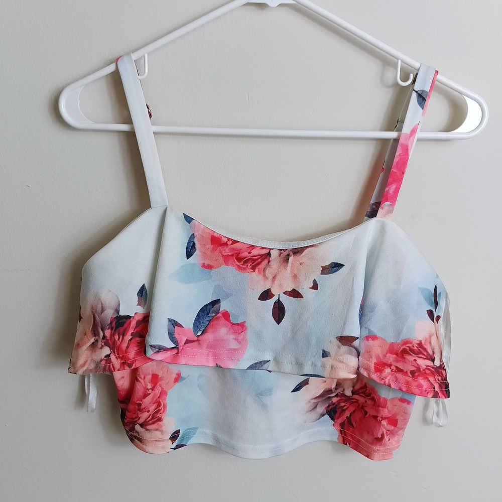 Dream House Crop Top Girls 14 White Pink Floral Excellent Ruffle Layer Zip Back